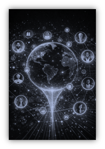 A connected globe surrounded by people and signal nodes.