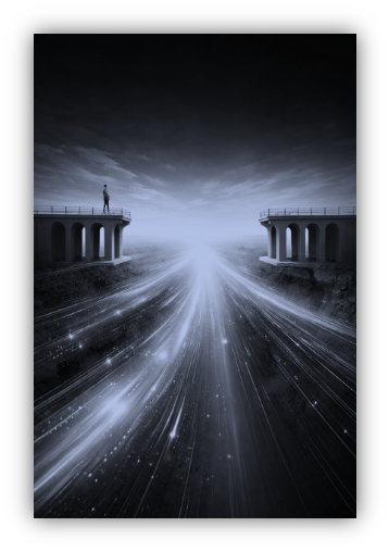 Fast-moving luminous trails flowing through a wide open landscape.