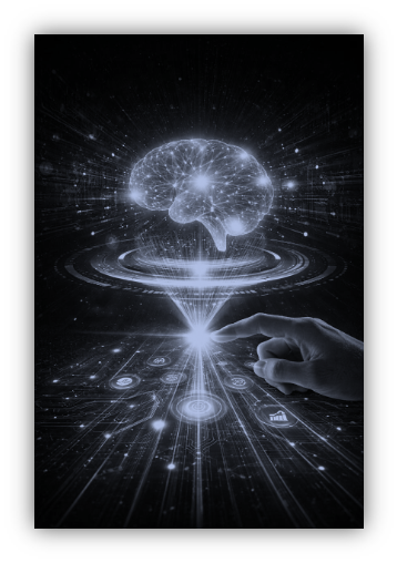 An illuminated digital brain projected above a human touchpoint.