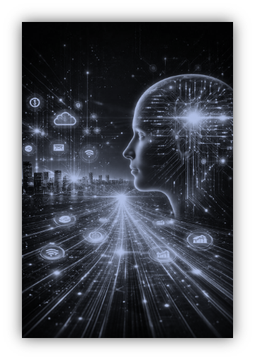 A human profile over a futuristic city interface filled with glowing signals.